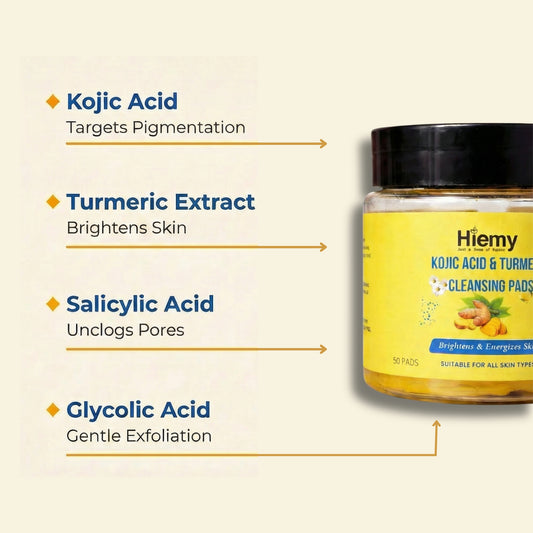 Hiemy Kojic Acid & Turmeric Cleansing Pads (50Pads) | Brightens | Targets Pigmentation | Energizes Skin | Suitable for All Skin Types