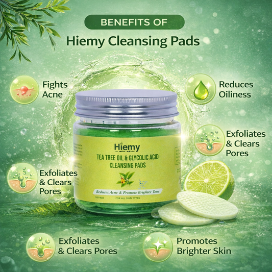 Hiemy Tea Tree Oil & Glycolic Acid Cleansing Pads For Acne Control | Gentle Exfoliation | Clear & Bright Skin | (50Pads)