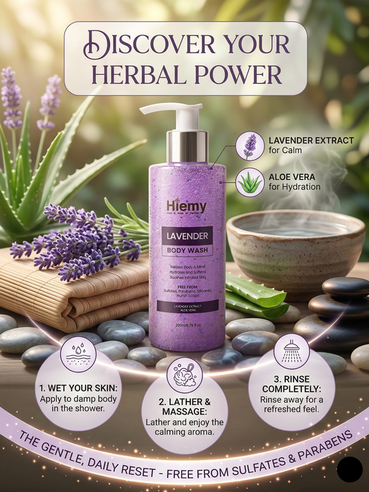Hiemy Lavender Body Wash | Relaxes Body & Mind | Hydrates & Soothes Irritated Skin | Sulfate-Free | With Lavender Extract & Aloe Vera (200ml)