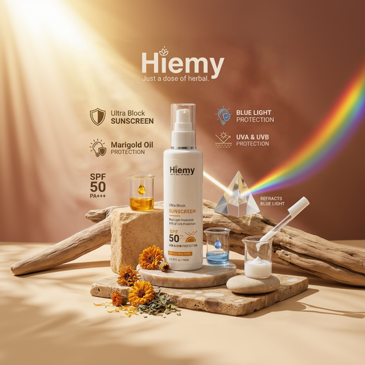 Hiemy Ultra Block Sunscreen SPF 50 PA+++ Broad Spectrum Protection | UVA + UVB + Blue Light Defense | Lightweight | Non-Greasy | For All Skin Types | 100ml