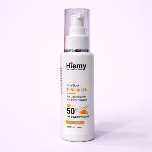 Hiemy Ultra Block Sunscreen SPF 50 PA+++ Broad Spectrum Protection | UVA + UVB + Blue Light Defense | Lightweight | Non-Greasy | For All Skin Types | 100ml